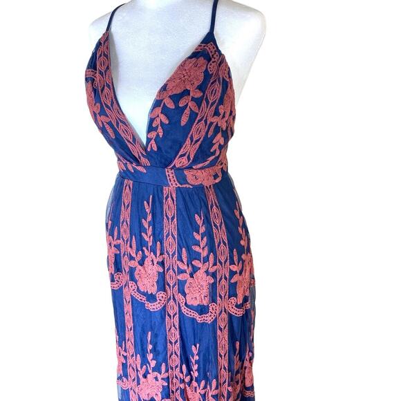 Magnolia Maxi Dress S Lace Embroidered Empire Waist Spaghetti Strap V Neck Navy - Picture 4 of 13